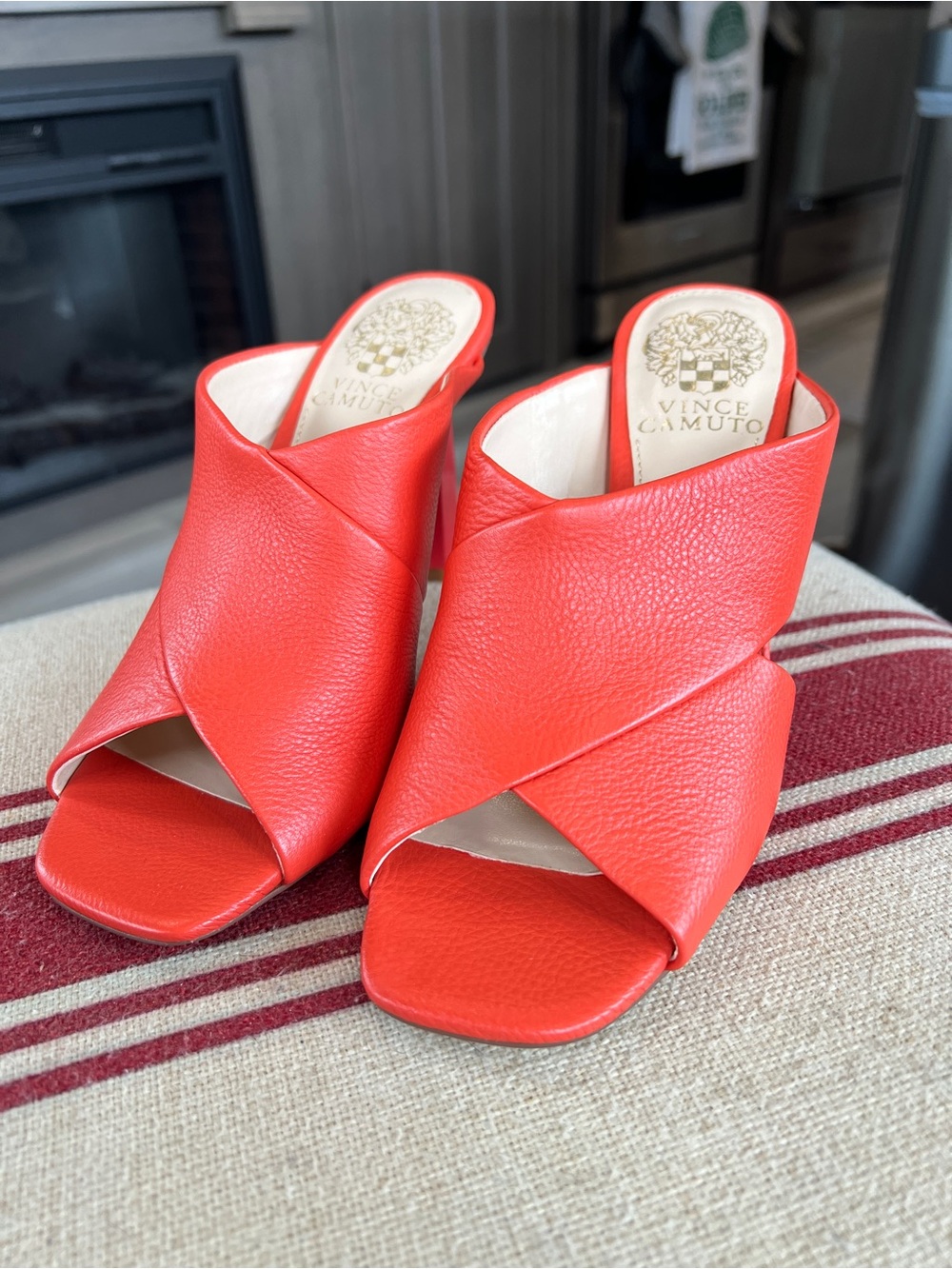 Vince Camuto Women's Bright Coral Red Crisscross Leather Mules